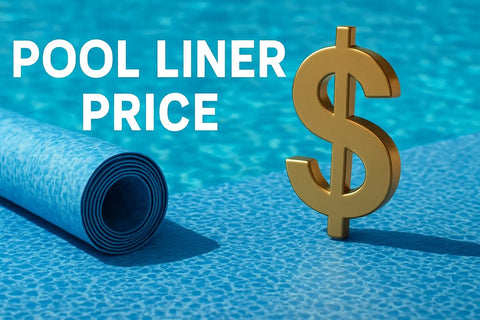 Rullad blå pool liner med textur bredvid dollartecken på poolgolv, prisjämförelse 2026