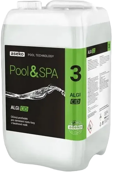 Vit plastbehållare med Aseko Pool & Spa Algi Cid algicid flytande 20l