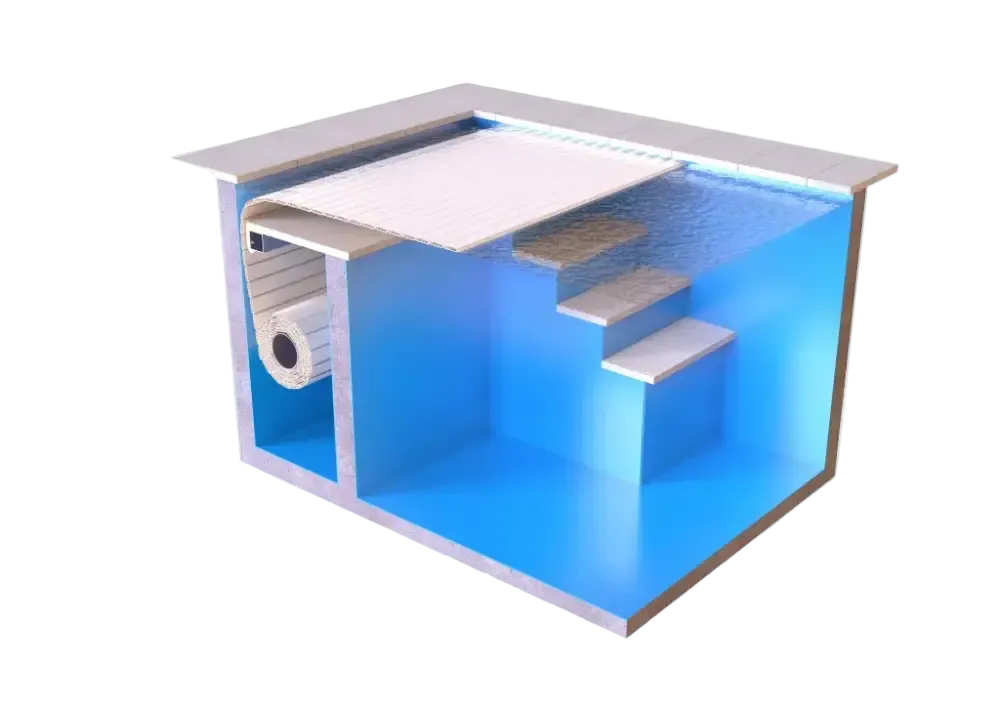 Kék beltéri medence – fehér platform, látható fűtőrendszer, 60 x 14 mm, külső motor Kék beltéri medence – fehér platform, látható fűtőrendszer, 60 x 14 mm, külső motor