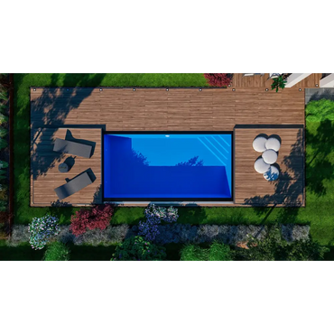 Rektangulär blå pool med svart ram på trädäck, mobil poolterrass och Bergen deck