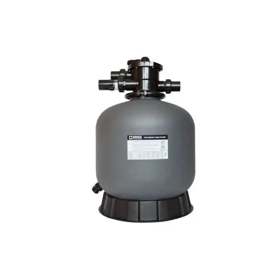 Grå cylindrisk Brilix P350 sandfilter med svart topp och bas, Danfoss-etikett