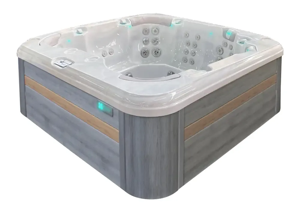 PassionSpa Resettle masszázsmedence – szürke famintázat, fehér felső rész, masszázsfúvókák, kék LED-világítás PassionSpa Resettle masszázsmedence – szürke famintázat, fehér felső rész, masszázsfúvókák, kék LED-világítás