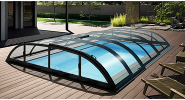 Pooltak Dallas 3×6 med svarta ramar och kurvad glasdesign
