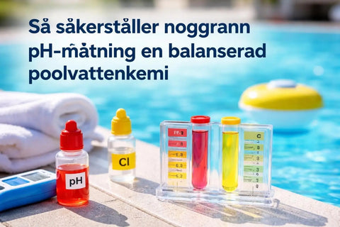 Klart plastteströr med röd vätska, gul kapsyl och pH-etikett för poolvattenkvalitet