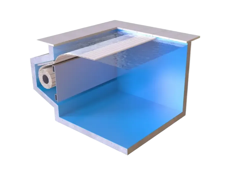 Kék medence – fehér platform, látható fűtőrendszer, 60 x 14 mm, külső motor