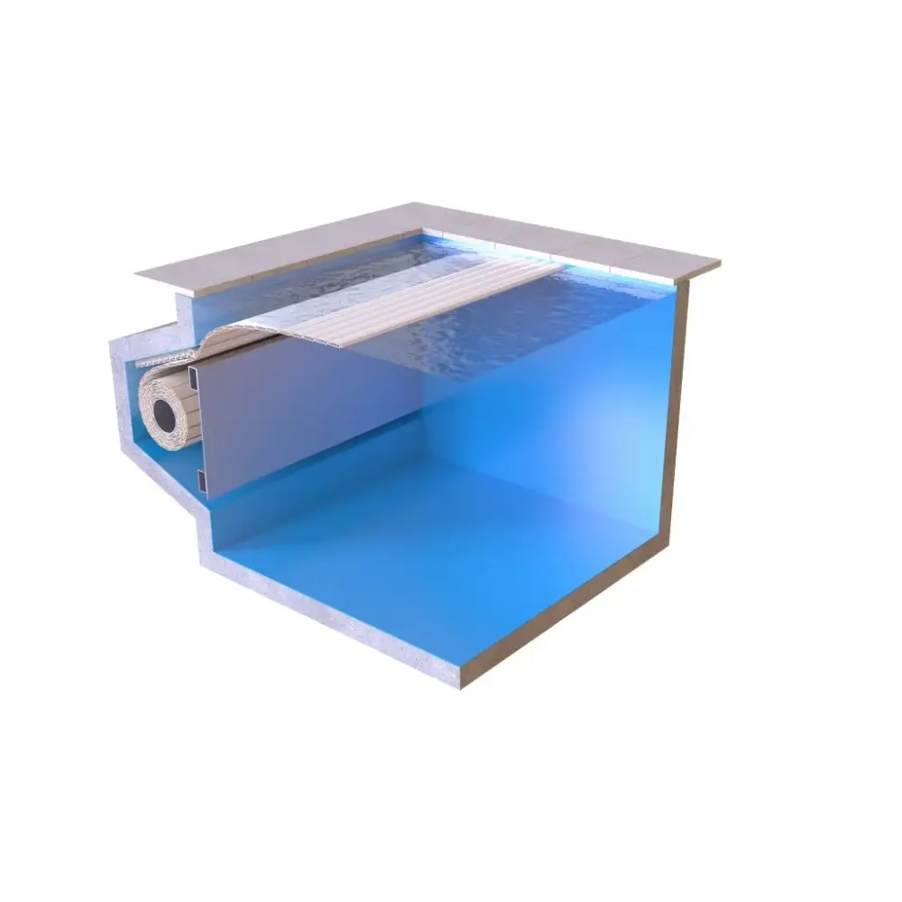 Aquatop nersänkt pool 4m bredd med blått vatten, vitt filtersystem och metallram