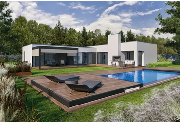 Modern vit och svart villa med mobil poolterrass och bergen deck