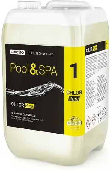 Aseko Pool Spa klor flytande 20L i vit plastkanna med gulsvart etikett