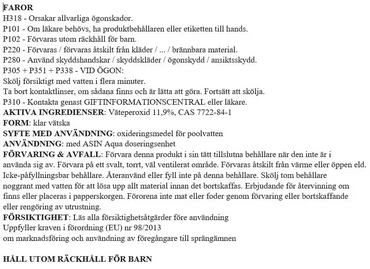 Aseko Oxy Pure Liquid aktív oxigén címkéje, medencékhez és jakuzzikhoz, 20 l