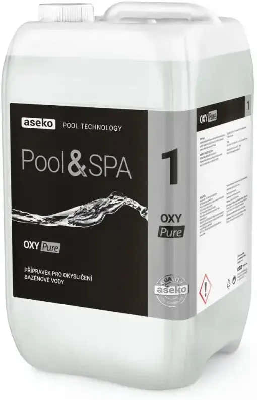 Fehér műanyag kannák Aseko Oxy Pure Liquid aktív oxigénnel medencékhez és jakuzzikhoz, 20 l