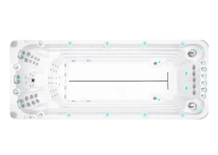 Vit PassionSpa Activity 2 Deep Swim Spa med vit rektangulär form, turkosa accenter och silverjets
