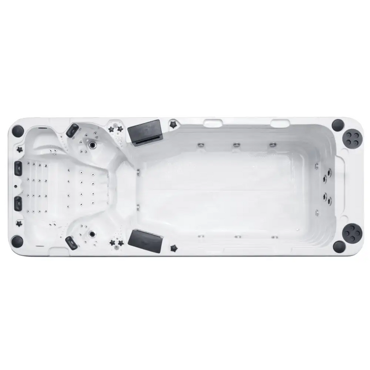 Vit PassionSpa Aquatic 5 Swim Spa – Sport Collection, vit rektangulär med svarta paneler och stjärnklippningar