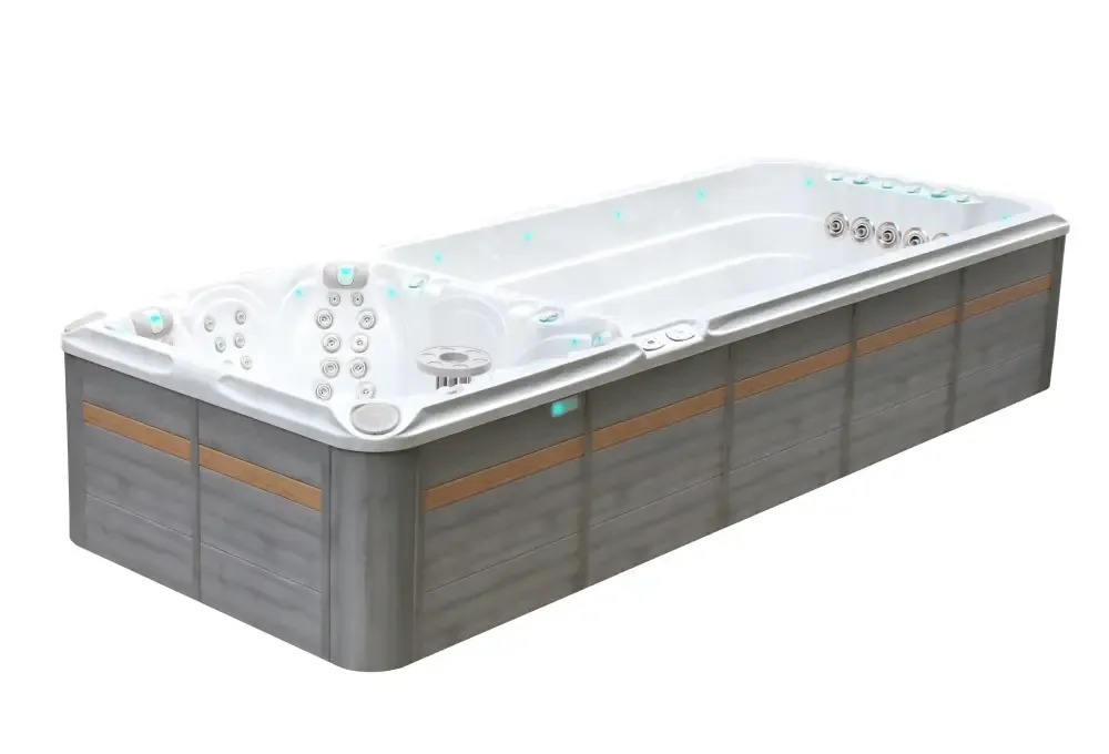 Modern PassionSpa Dynamic Deep Swim Spa i grå och träton med vit insida