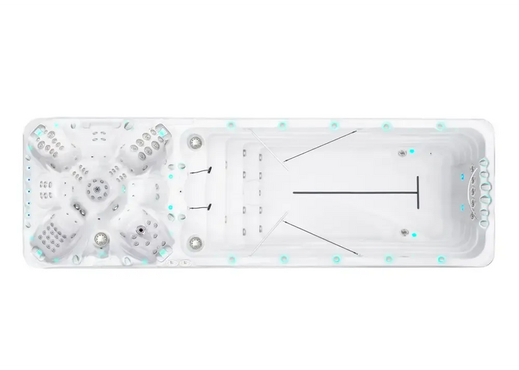 Vit PassionSpa Vitality Swim Spa med vit rektangulär form, jettsäten och turkos belysning