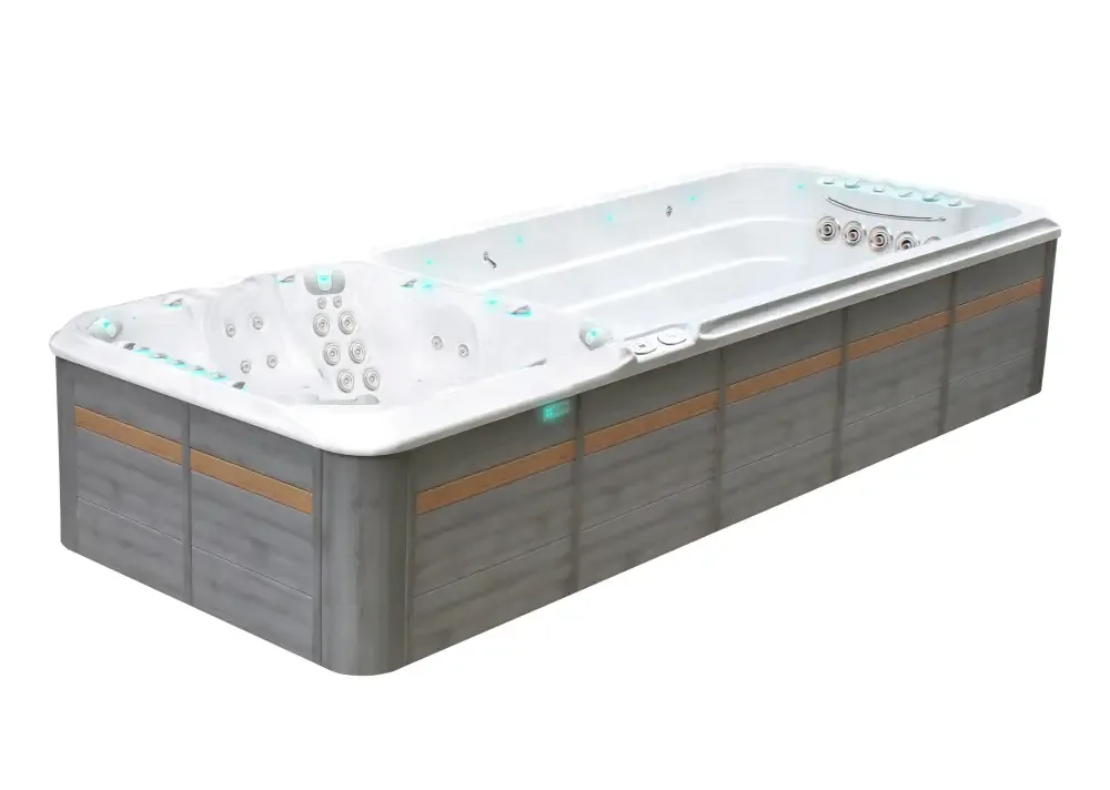 Modern PassionSpa Vitality Swim Spa med grå trädetaljer, vit jet och blåljus