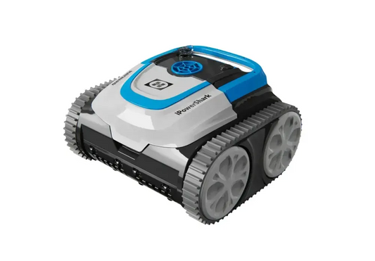 Kék-fehér Hayward iPower Shark medencetisztító robot szürke hernyótalpakkal
