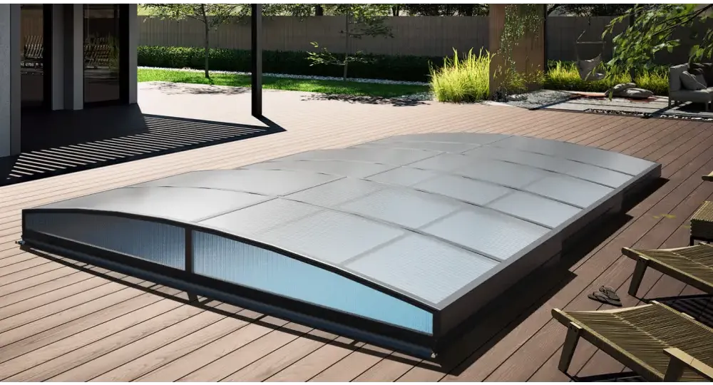 Sydney medencefedés – 3 x 6, modern kialakítás, ezüstszínű felület, ívelt kialakítás, átlátszó panelek