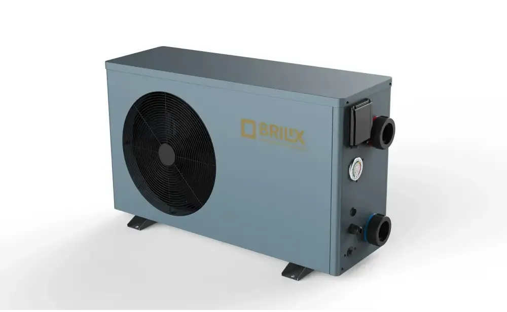 Szürke Brilix XHPFDPLUS kültéri medence-hőszivattyú, 9 kW R32, fekete ventilátorral és csövekkel