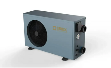 Grå Brilix XHPFDPLUS 9kW R32 poolvärmepump utomhusmodell med svart fläkt och rör