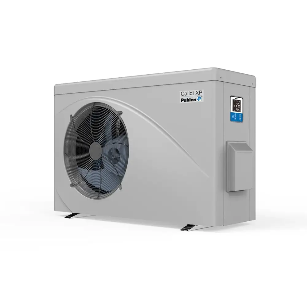Grå Pahlen Calidi XP15 utomhus luftvattenvärmepump med cirkulär fläktgaller och digital display